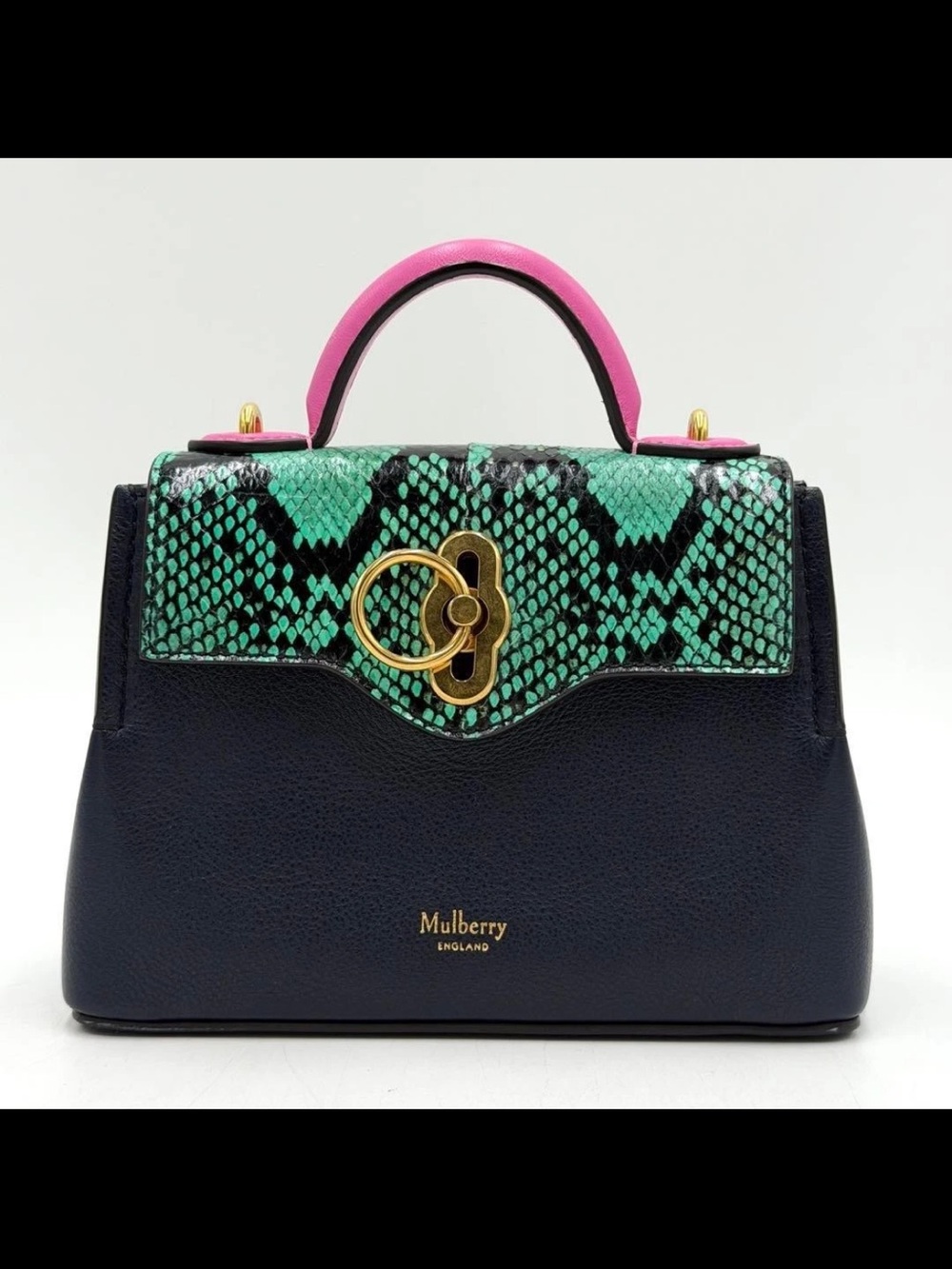 Mulberry Navy Leather Satchel with Green Snake-Print Flap & Raspberry Handle - Picture 2 of 16